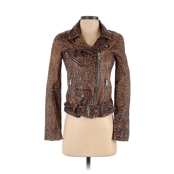 Veda Jayne Smooth Leather Zip Up Belted Moto Leopard Jacket Women's Size P = XS